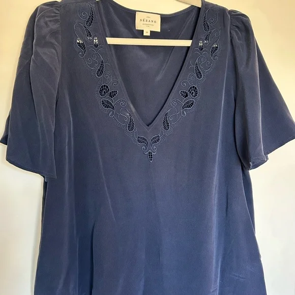 Sézane SILK Minara Blouse -Navy - Size 6 / 38 NWOT - Picture 4 of 7